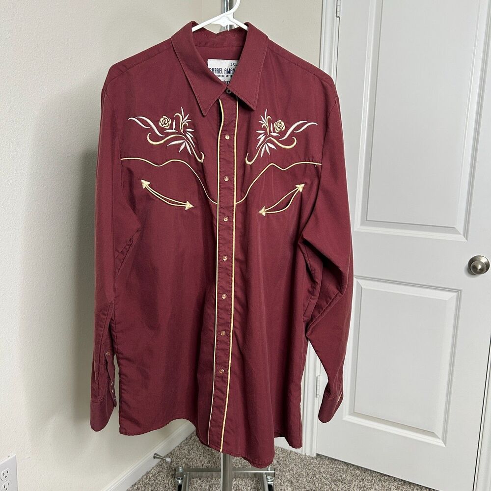 Rafael Amaya Rangers Western Pearl Snap Shirt Burgundy Floral Embroidered 2XL